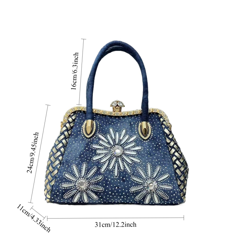 Geantă de seară din denim, decorată cu diamante, pentru femei elegante, cu două curele de umăr, formă orizontală pătrată, buzunar interior cu fermoar