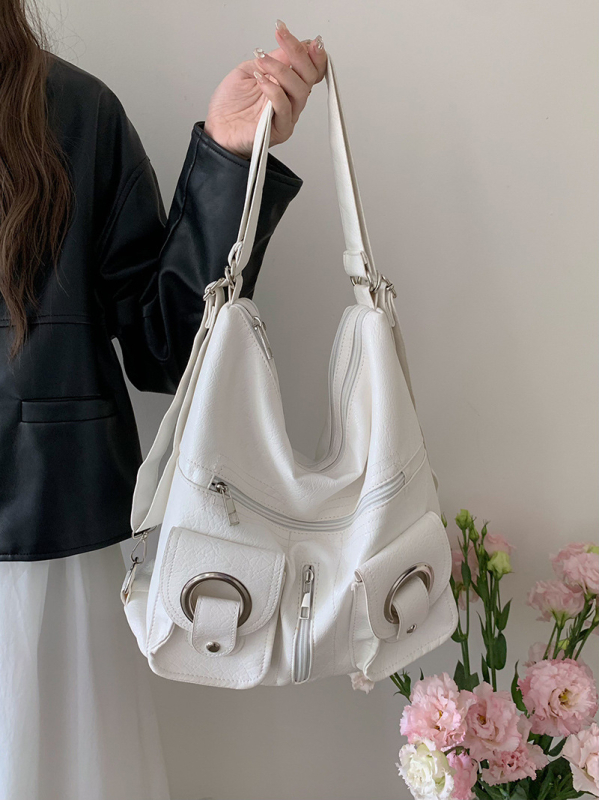 Geantă Tote din piele PU cu buzunar fermoar și buzunar interior secret cu fermoar, stil urban minimalist, capacitate mare