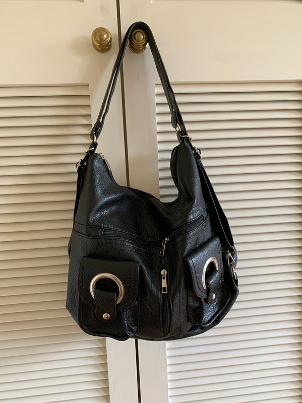 Geantă Tote din piele PU cu buzunar fermoar și buzunar interior secret cu fermoar, stil urban minimalist, capacitate mare