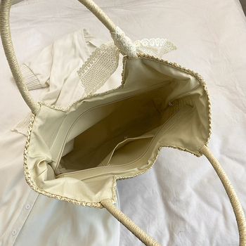 Ψάθινη τσάντα παραλίας, πλεκτή, με φερμουάρ, οριζόντιο τετράγωνο σχήμα, επένδυση από πολυεστέρα, διπλοί ιμάντες