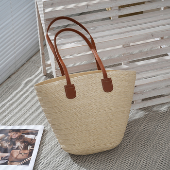 Чанта за рамо от слама в уличен стил, вертикална квадратна форма, цип, подплата Oxford, две презрамки