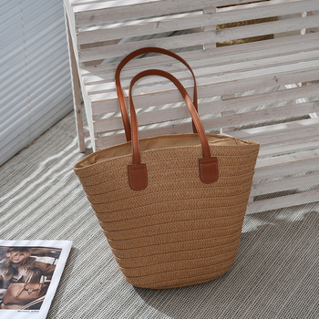 Чанта за рамо от слама в уличен стил, вертикална квадратна форма, цип, подплата Oxford, две презрамки