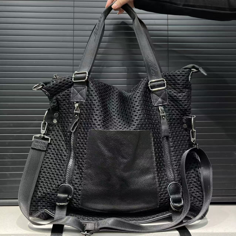 Geantă Tote din piele naturală cu panou din plasă, formă orizontală dreptunghiulară, închidere cu fermoar, buzunar intern pentru telefon, stil urban minimalist