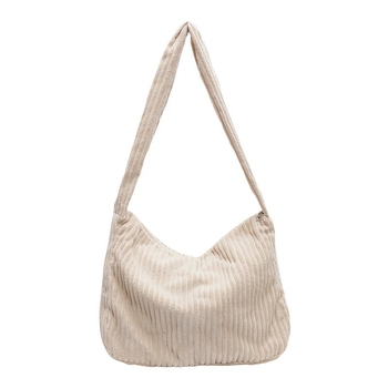 Corduroy pečių krepšys – viena dirželė, horizontalaus kvadrato formos, užtrauktukas atidarymas, vidinė kišenė su užtrauktuku, poliesterio pamušalas