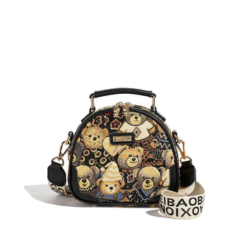 Κυκλική τσάντα καμβά με κέντημα αρκούδας, κλείσιμο με φερμουάρ, επένδυση πολυεστέρα, κρυφή τσέπη με φερμουάρ