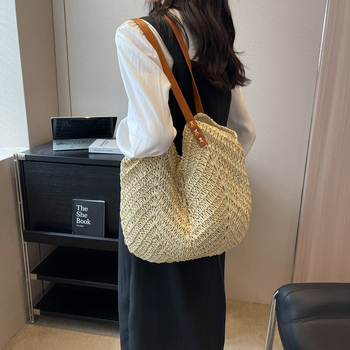 Τσάντα παραλίας για γυναίκες, χειροποίητη ψάθινη tote, με φερμουάρ, οριζόντιο τετράγωνο σχήμα, επένδυση πολυεστέρα-βαμβάκι, εσωτερική θήκη για κινητό