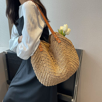 Τσάντα παραλίας για γυναίκες, χειροποίητη ψάθινη tote, με φερμουάρ, οριζόντιο τετράγωνο σχήμα, επένδυση πολυεστέρα-βαμβάκι, εσωτερική θήκη για κινητό