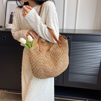Τσάντα παραλίας για γυναίκες, χειροποίητη ψάθινη tote, με φερμουάρ, οριζόντιο τετράγωνο σχήμα, επένδυση πολυεστέρα-βαμβάκι, εσωτερική θήκη για κινητό