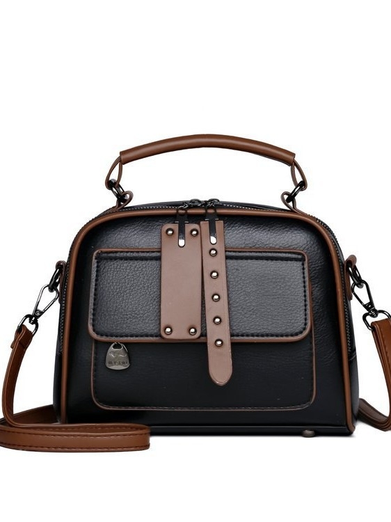 PU kvadratinė pečių krepšys su metaliniais detalėmis, užtrauktukas, poliesterio padas; vidinės kišenės: užtrauktukinė kišenė, telefono kišenė, ID kišenė; vienas pečių diržas; horizontali kvadrato forma.