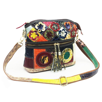 Geantă crossbody din piele naturală, design color-block, cu fermoar, formă pătrată verticală, bretea lungă din piele