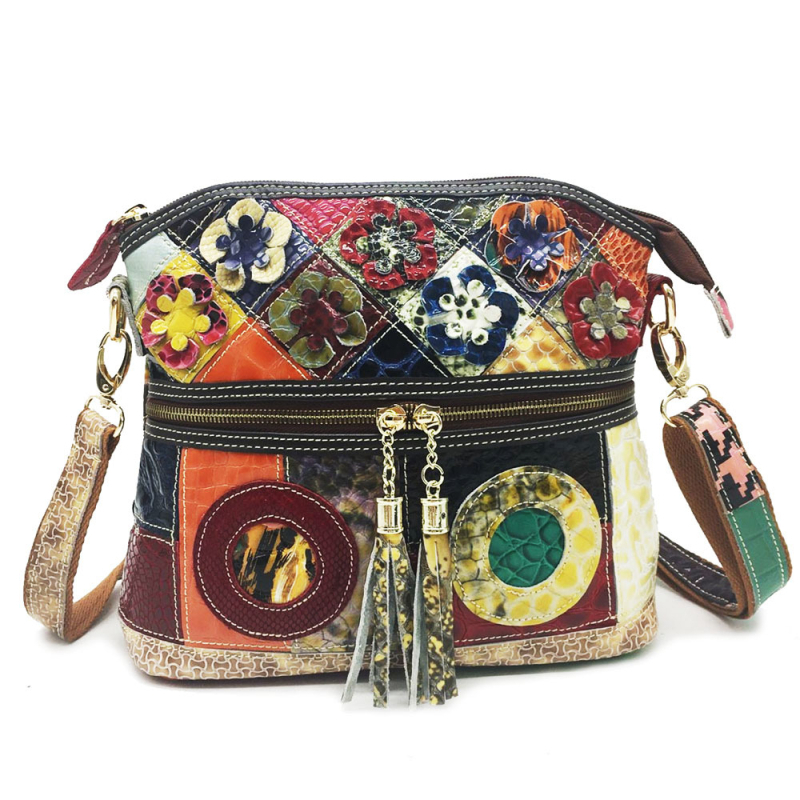 Geantă crossbody din piele naturală, design color-block, cu fermoar, formă pătrată verticală, bretea lungă din piele