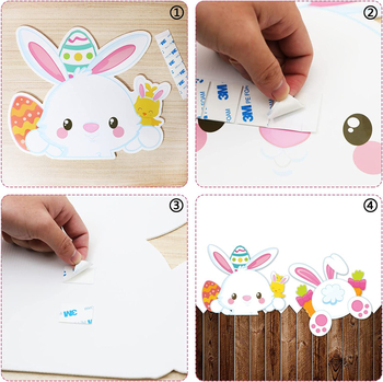 Великденска оградна украса: зайче, надничещо през оградата за градина, карикатурен стил (DIY външна декорация)