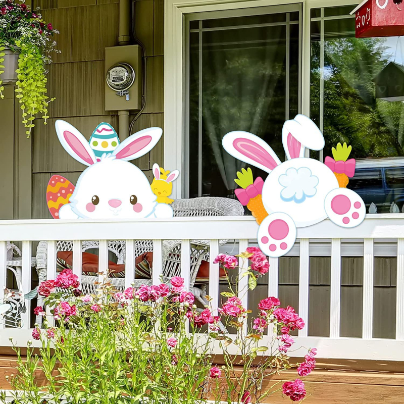 Decorațiune de gard de Paște: iepuraș care privește peste gard, stil desen animat (DIY exterior)