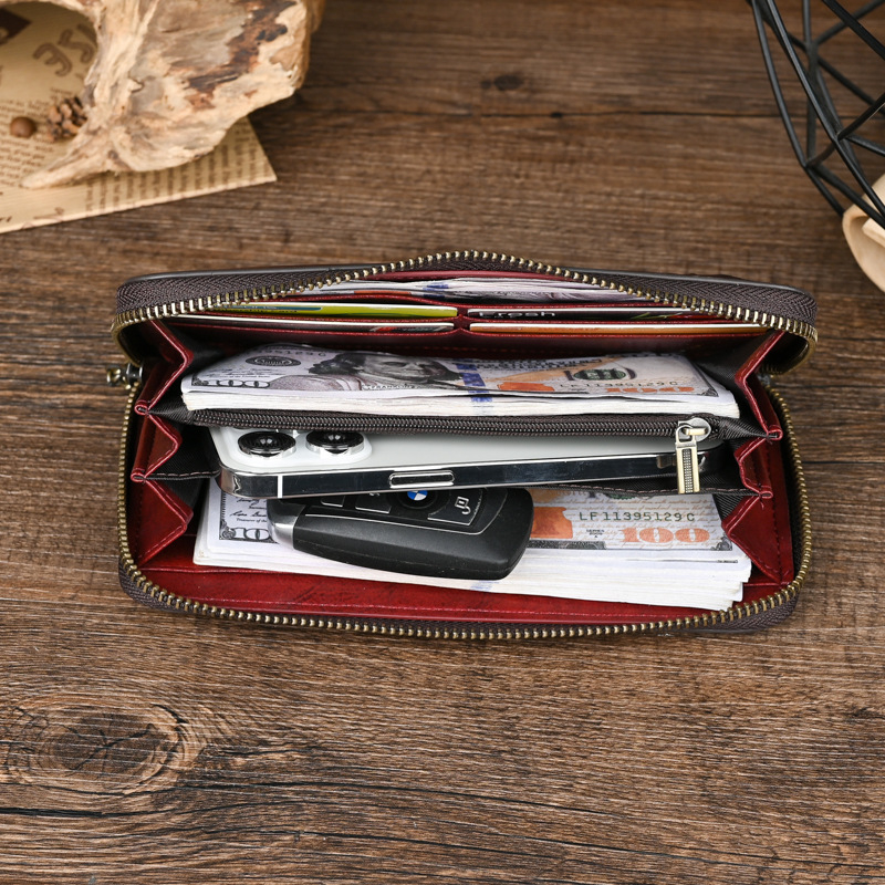 Γυναικείος κλατς και μακρύ πορτοφόλι από γνήσιο δέρμα, πρώτο στρώμα βοδινού δέρματος, μονοχρωματικό σχέδιο, επένδυση από δέρμα βοδινού