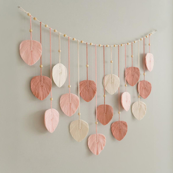 Bohemiško stiliaus mezgto virvės gobelenas, rankų darbo iš medvilnės, stačiakampio formos, mediniai karoliukai, lapų motyvai ir kutai, sienų dekoras svetainei arba miegamajam