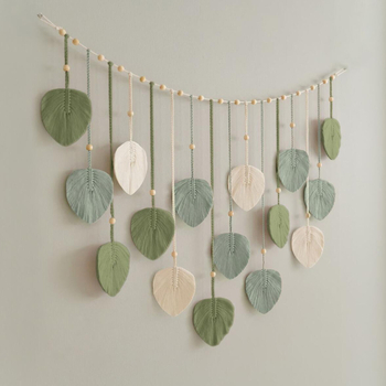 Bohemiško stiliaus mezgto virvės gobelenas, rankų darbo iš medvilnės, stačiakampio formos, mediniai karoliukai, lapų motyvai ir kutai, sienų dekoras svetainei arba miegamajam