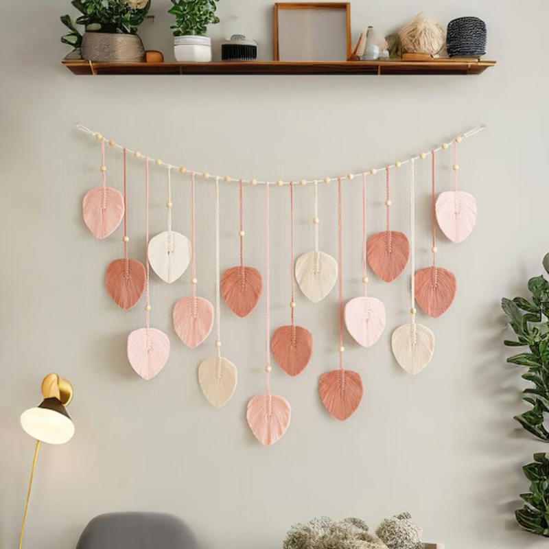 Bohemiško stiliaus mezgto virvės gobelenas, rankų darbo iš medvilnės, stačiakampio formos, mediniai karoliukai, lapų motyvai ir kutai, sienų dekoras svetainei arba miegamajam