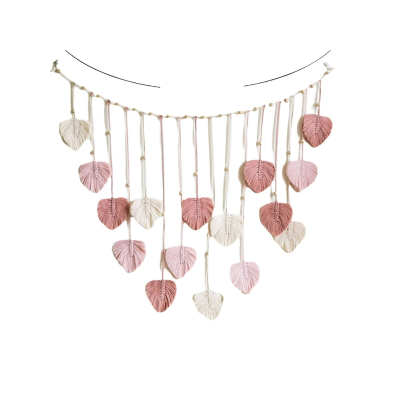 Bohemiško stiliaus mezgto virvės gobelenas, rankų darbo iš medvilnės, stačiakampio formos, mediniai karoliukai, lapų motyvai ir kutai, sienų dekoras svetainei arba miegamajam