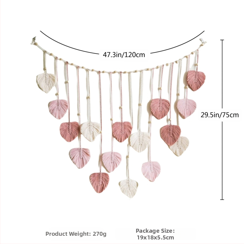 Bohemiško stiliaus mezgto virvės gobelenas, rankų darbo iš medvilnės, stačiakampio formos, mediniai karoliukai, lapų motyvai ir kutai, sienų dekoras svetainei arba miegamajam