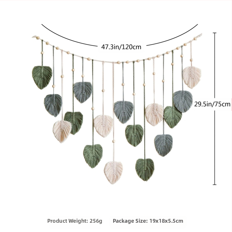 Bohemiško stiliaus mezgto virvės gobelenas, rankų darbo iš medvilnės, stačiakampio formos, mediniai karoliukai, lapų motyvai ir kutai, sienų dekoras svetainei arba miegamajam