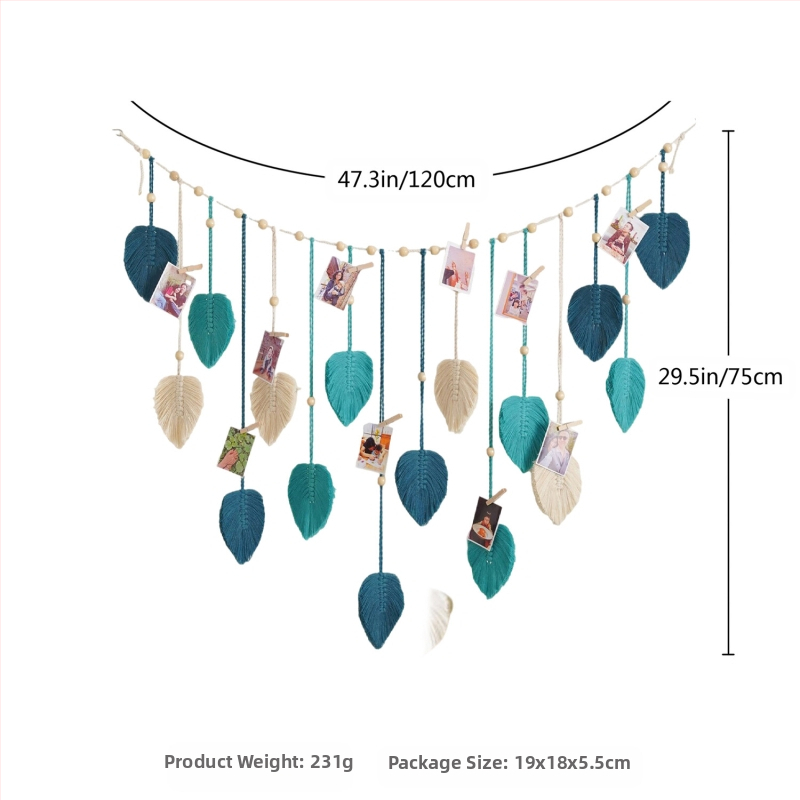 Bohemiško stiliaus mezgto virvės gobelenas, rankų darbo iš medvilnės, stačiakampio formos, mediniai karoliukai, lapų motyvai ir kutai, sienų dekoras svetainei arba miegamajam