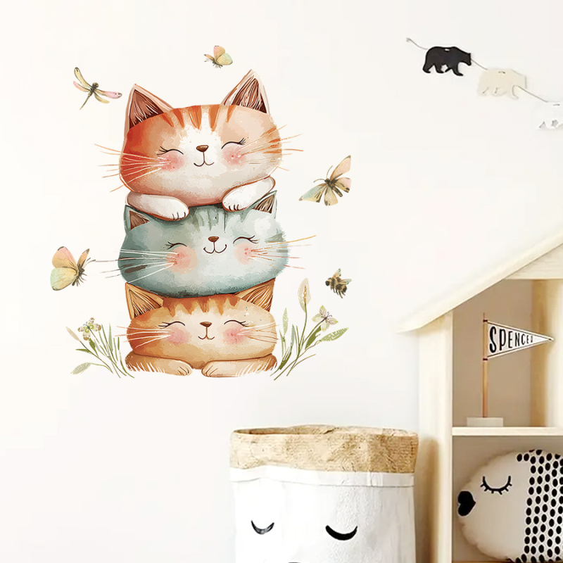 Decaluri de perete: pisicuță desen animat, autocolante decorative (PVC, 1 bucată, potrivite pentru living, dormitor, hol, 30 g, Brup/boran premium)