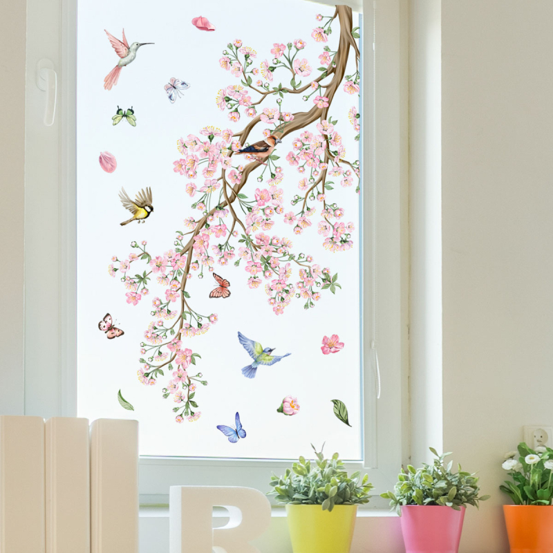 Autocolant perete graffiti – floare și pasăre, PVC, imprimare bidirecțională, model 21890833159, pentru living, dormitor, birou, stil modern minimalist