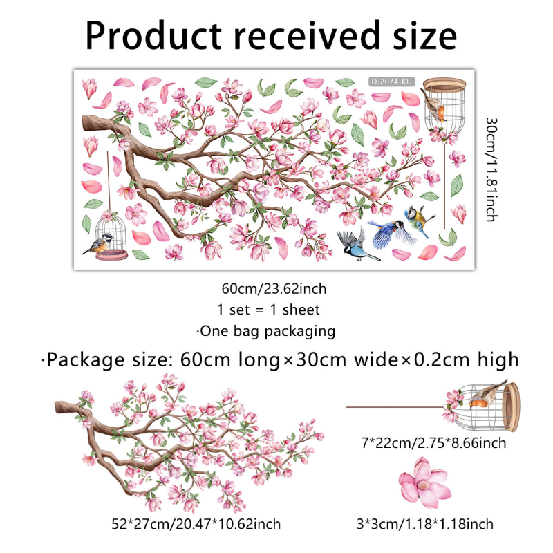 Autocolant perete graffiti – floare și pasăre, PVC, imprimare bidirecțională, model 21890833159, pentru living, dormitor, birou, stil modern minimalist