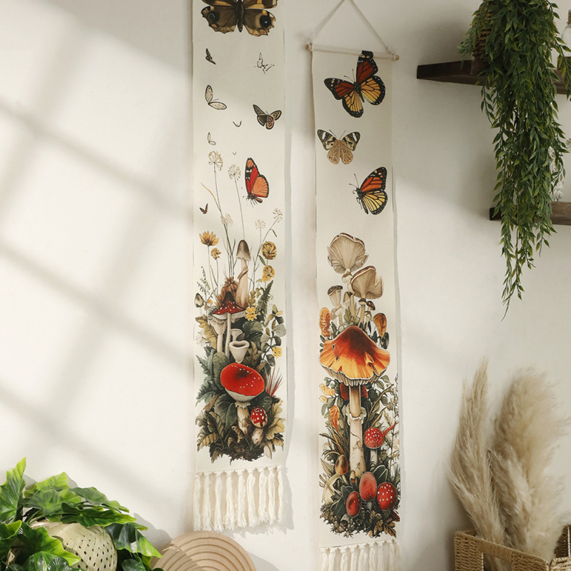 Rankų audimo sieninis gobelenas su drugelio raštu ir kutais, medvilnė, etniniam stiliui