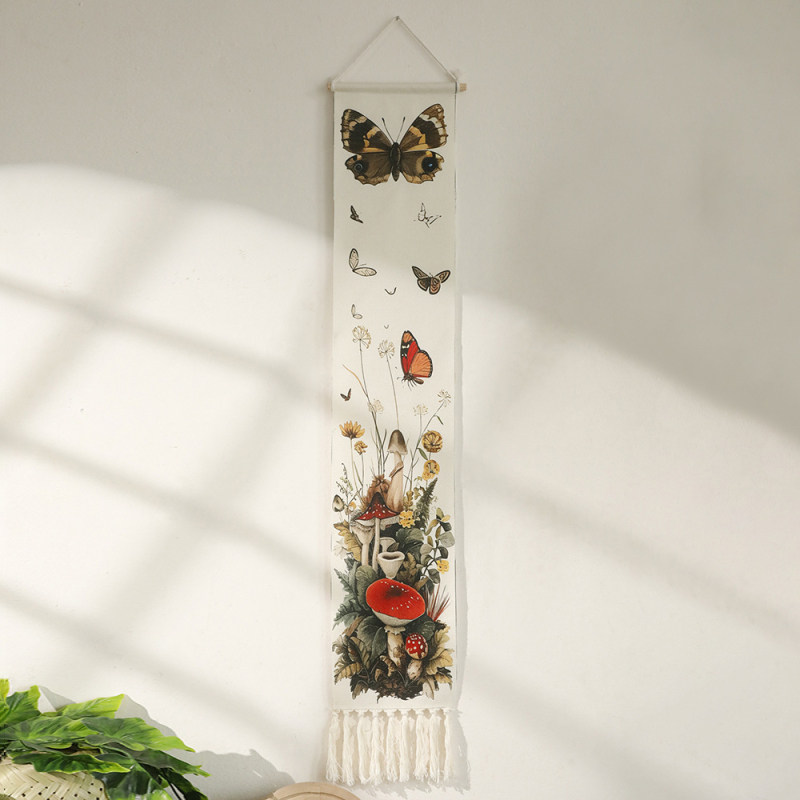 Rankų audimo sieninis gobelenas su drugelio raštu ir kutais, medvilnė, etniniam stiliui