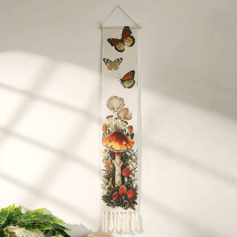 Rankų audimo sieninis gobelenas su drugelio raštu ir kutais, medvilnė, etniniam stiliui