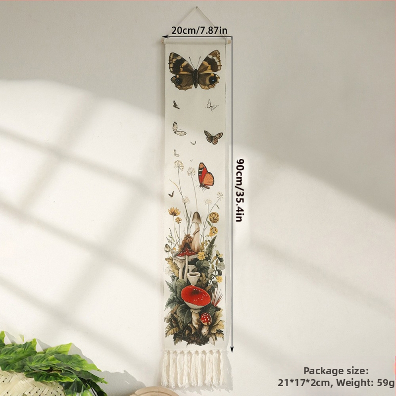 Rankų audimo sieninis gobelenas su drugelio raštu ir kutais, medvilnė, etniniam stiliui