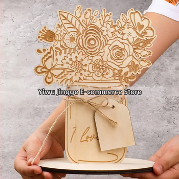 Διακοσμητικό κενό ξύλινο πλακίδιο για την Ημέρα της Μητέρας με λέιζερ κοπής μοτίβο λουλουδιού — ξύλο, Jingge crafts