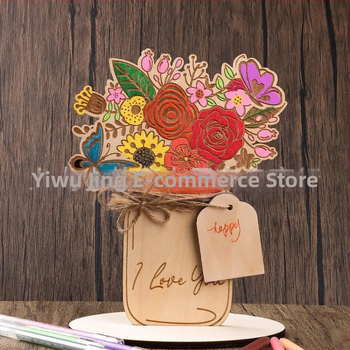 Διακοσμητικό κενό ξύλινο πλακίδιο για την Ημέρα της Μητέρας με λέιζερ κοπής μοτίβο λουλουδιού — ξύλο, Jingge crafts