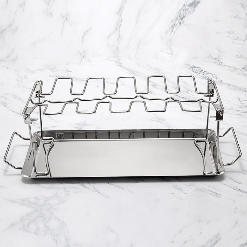 Държач за пилешки бутчета от неръждаема стомана, преносим сгъваем, с тава за капки и BBQ мрежа