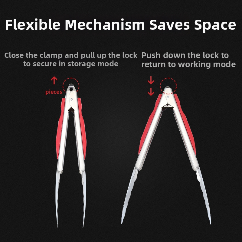 Щипка за храна от неръждаема стомана с червена дръжка, неплъзгаща се, устойчива на високи температури, многофункционална кухненска щипка за хляб и зеленчуци, размери 9, 12 или 14 инча