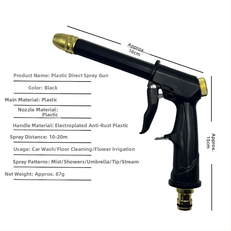Автомивъчен пистолет за високо налягане, глава с алумино-медно покритие, корпус и ръкохватка от инженерни пластмаси, чешмяно налягане, тегло 0,098 кг