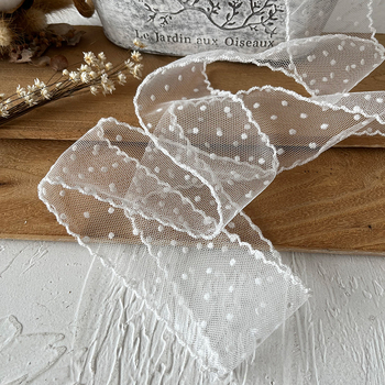 Nėrinių plaukų juosta su flokiruota taškota tinklo raštu