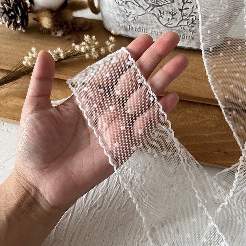 Nėrinių plaukų juosta su flokiruota taškota tinklo raštu