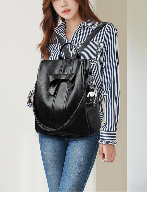 Rucsac cu nod de panglică, anti-furt, pentru călătorii; exterior PU, căptușeală poliester; închidere cu fermoar; buzunare interioare pentru laptop, ID și organizare; impermeabil