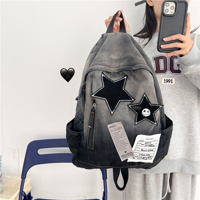 Xipeng Gradient Denim Csillag Hátizsák | Lágy cowboy anyag, Poliészter bélés, Záródás cipzárral, Belső rejtett zseb, Belső elválasztó, Iskolai használatra