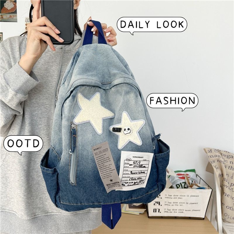 Xipeng Gradient Denim Csillag Hátizsák | Lágy cowboy anyag, Poliészter bélés, Záródás cipzárral, Belső rejtett zseb, Belső elválasztó, Iskolai használatra