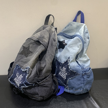 Τζιν σακίδιο με gradient wash, μεγάλη χωρητικότητα, καμπύλες τιράντες, κατάλληλο για σχολείο