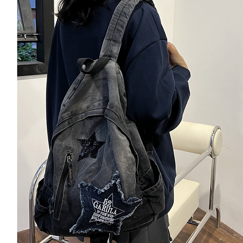 Τζιν σακίδιο με gradient wash, μεγάλη χωρητικότητα, καμπύλες τιράντες, κατάλληλο για σχολείο