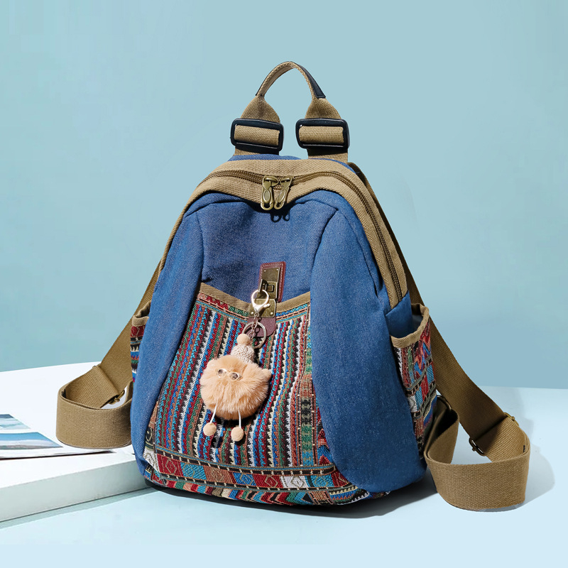 Denim hátizsák etnikus stílussal, szennyeződésálló, könnyű, mindennapi viselet nőknek, kétfunkciós babatáskaként, tartós, 10 hüvelykes laptophoz, kapacitás <20 L