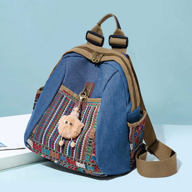 Denim hátizsák etnikus stílussal, szennyeződésálló, könnyű, mindennapi viselet nőknek, kétfunkciós babatáskaként, tartós, 10 hüvelykes laptophoz, kapacitás <20 L