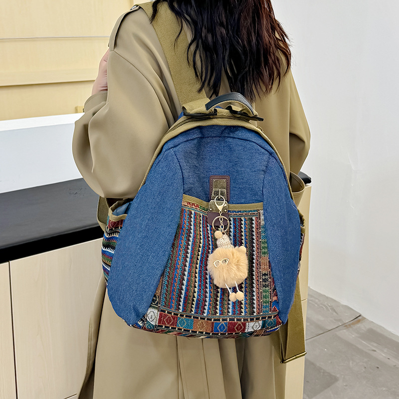 Denim hátizsák etnikus stílussal, szennyeződésálló, könnyű, mindennapi viselet nőknek, kétfunkciós babatáskaként, tartós, 10 hüvelykes laptophoz, kapacitás <20 L