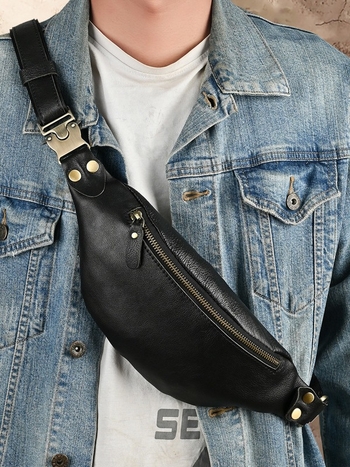 Мъжка кожена поясна чанта — ултра лека, горен слой телешка кожа, естествена кожа, полиестрова подплата