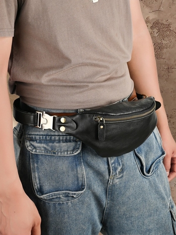 Мъжка кожена поясна чанта — ултра лека, горен слой телешка кожа, естествена кожа, полиестрова подплата