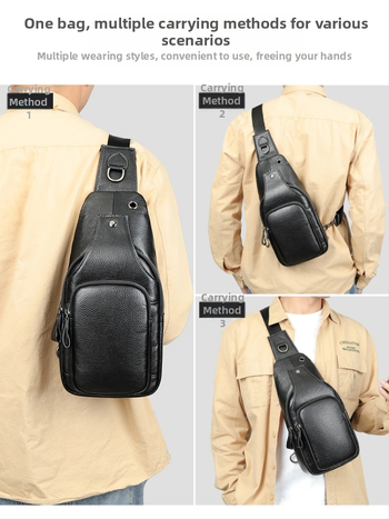 Мъжка кожена чанта за гърдите от първи слой телешка кожа, устойчива на износване, подплата полиестер, едноцветен модел